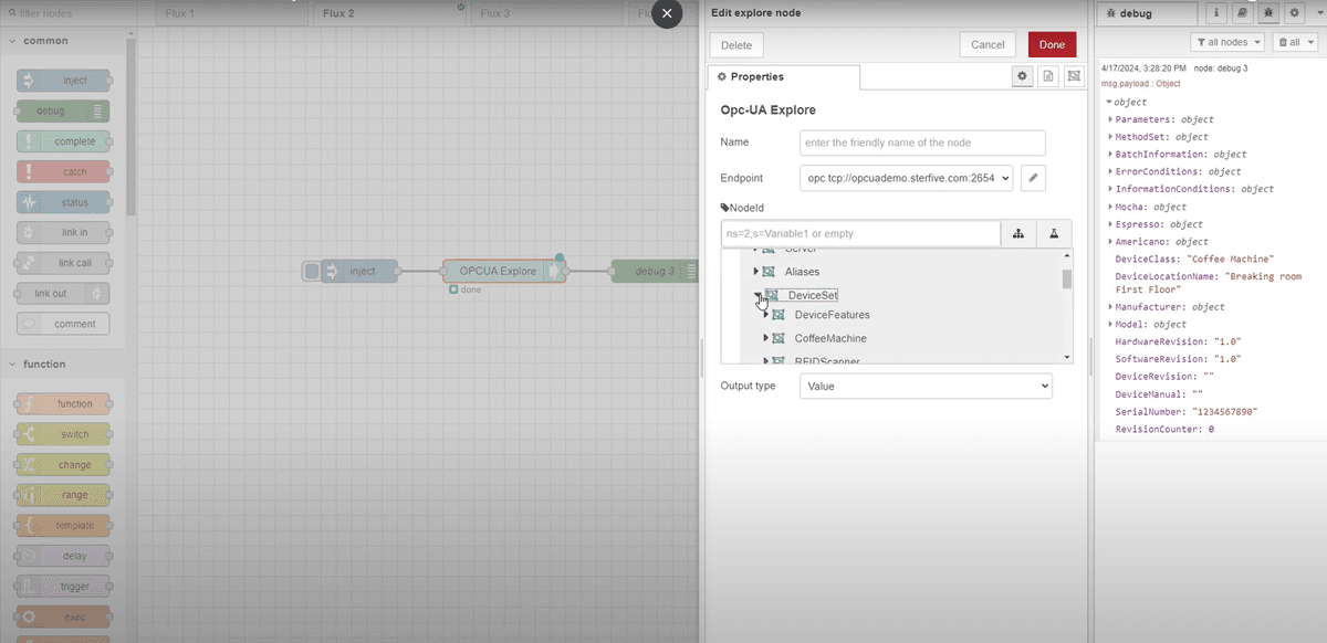 Screenshot of OPCUA for Node-RED