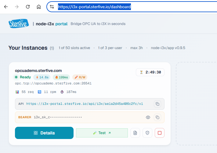 Screenshot of the i3x-portal dashboard showing an active instance connected to opcuademo.sterfive.com with request rate, latency, endpoint URL, and bearer token